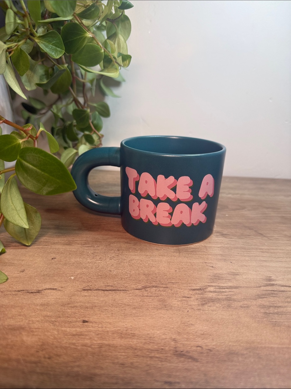 Thyme & Table Take a Break Teal Stoneware Mug Pink Letters TT1417R
